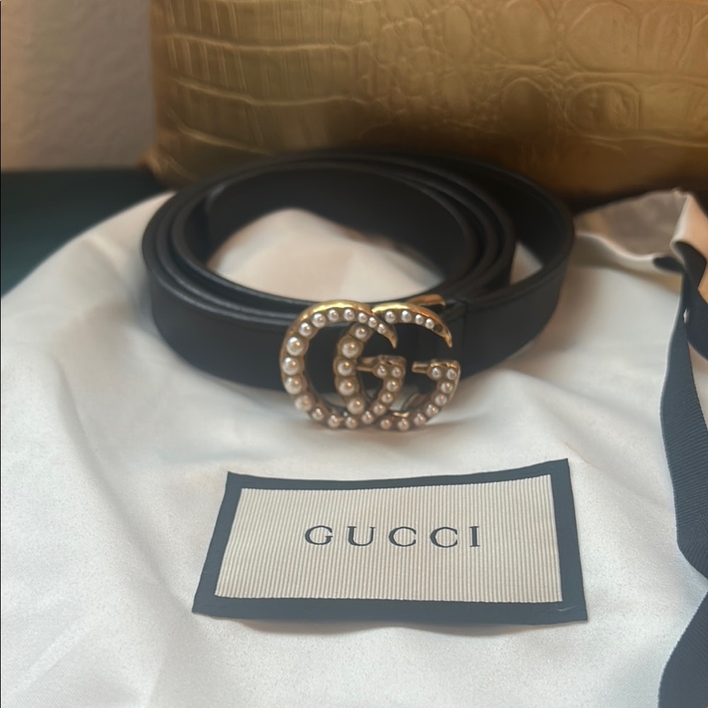 Gucci Black Belt with Pearl-Embellished Logo